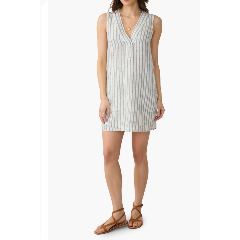 Faherty Blue White Striped 100% Linen V-Neck Shift Dress with Pockets Size M